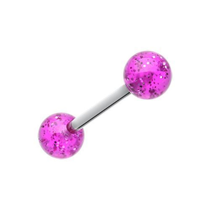 Purple Glitter Ball UV Acrylic Barbell Tongue Ring 14G (1.6mm) Length: 5/8″ (16mm) | Ball-Size: 1/4″ (6mm)