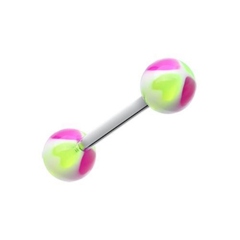 Purple/Green Heart Tetrad Acrylic Top Barbell Tongue Ring 14G (1.6mm) Length: 5/8″ (16mm) | Ball-Size: 1/4″ (6mm)