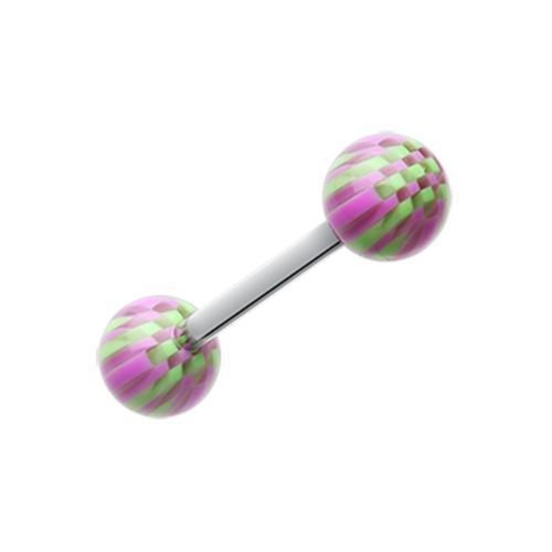 Purple/Green Native Checker Acrylic Top Barbell Tongue Ring 14G (1.6mm) Length: 5/8″ (16mm) | Ball-Size: 1/4″ (6mm)