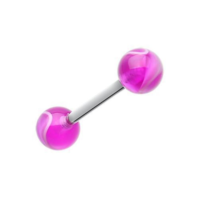 Purple Marble Stripe Acrylic Top Barbell Tongue Ring 14G (1.6mm) Length: 5/8″ (16mm) | Ball-Size: 1/4″ (6mm)