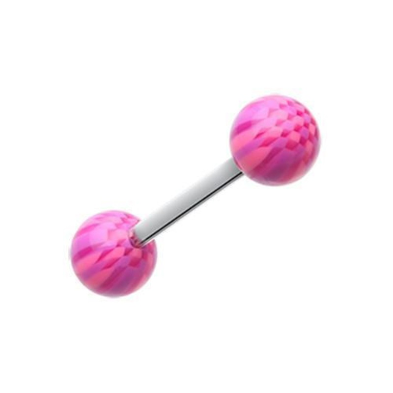 Purple/Pink Native Checker Acrylic Top Barbell Tongue Ring 14G (1.6mm) Length: 5/8″ (16mm) | Ball-Size: 1/4″ (6mm)