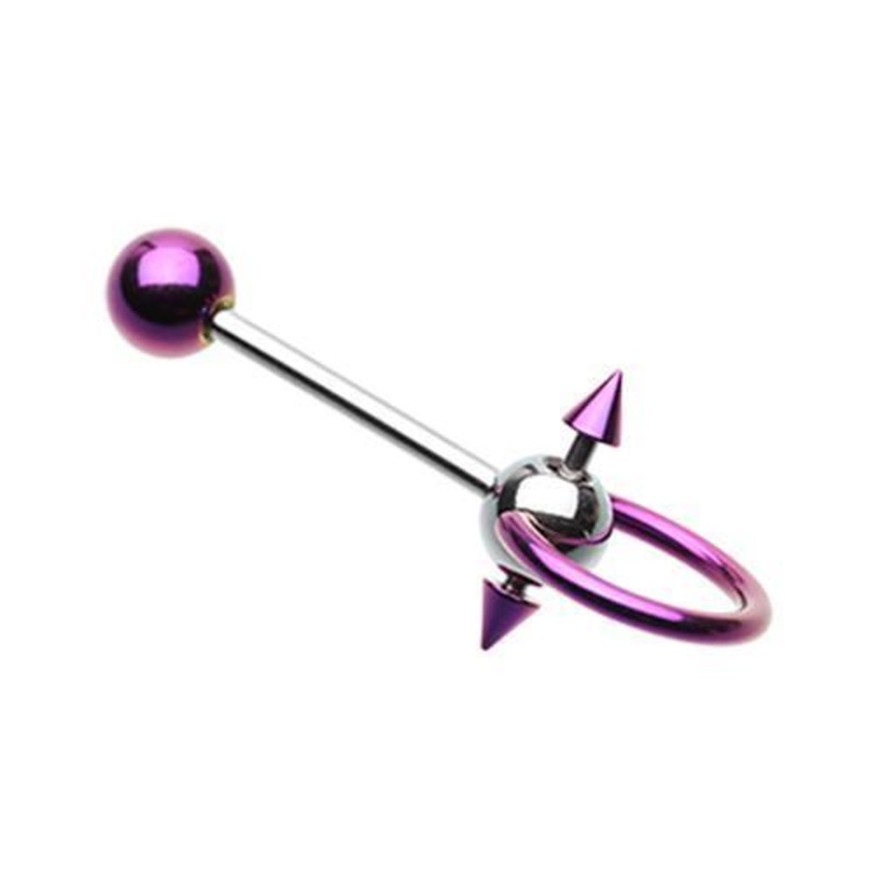 Purple PVD Double Spike Slave Tongue Barbell Ring 14G (1.6mm) Length: 5/8″ (16mm)