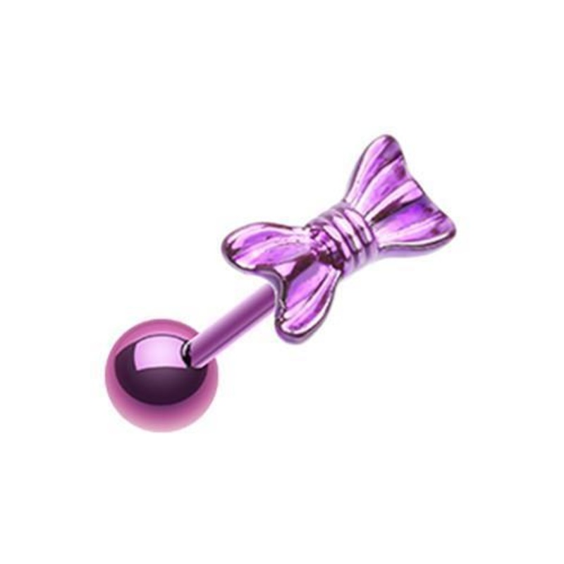 Purple Ribbon Bow Tie Barbell Tongue Ring 14G (1.6mm) Length: 5/8″ (16mm)