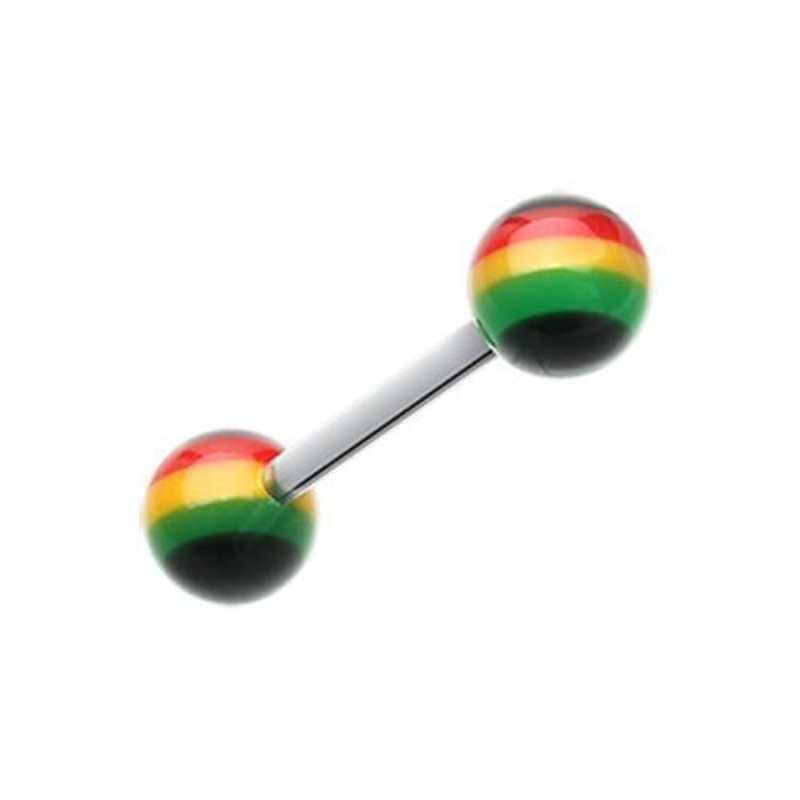 Rasta Jamaican Stripe UV Acrylic Barbell Tongue Ring 14G (1.6mm) Length: 5/8″ (16mm) | Ball-Size: 1/4″ (6mm)