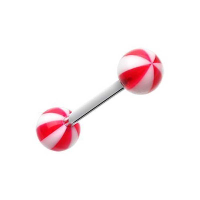 Red Beach Ball Acrylic Top Barbell Tongue Ring 14G (1.6mm) Length: 5/8″ (16mm) | Ball-Size: 1/4″ (6mm)
