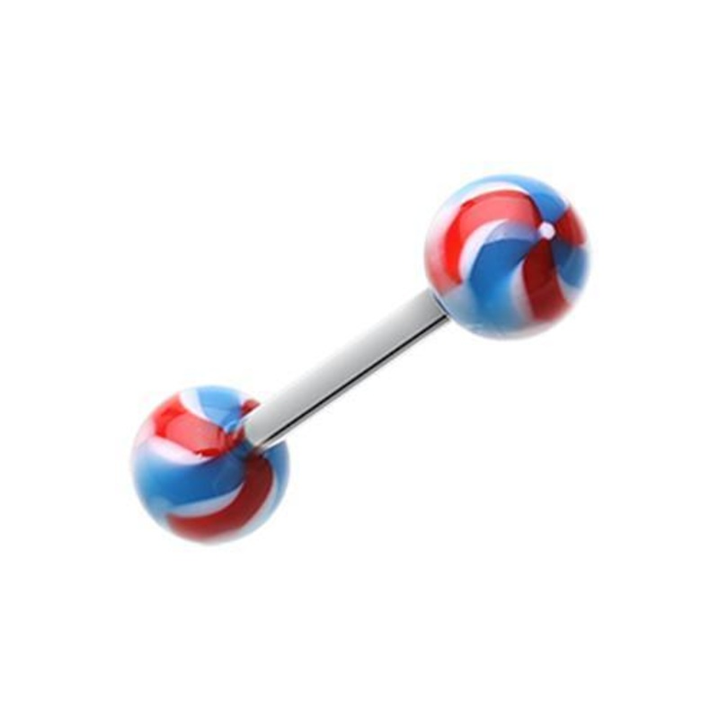 Red/Blue Pinwheel Stripe Acrylic Top Barbell Tongue Ring 14G (1.6mm) Length: 5/8″ (16mm) | Ball-Size: 1/4″ (6mm)