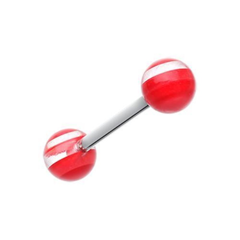 Red Clear Stripe UV Acrylic Barbell Tongue Ring 14G (1.6mm) Length: 5/8″ (16mm) | Ball-Size: 1/4″ (6mm)