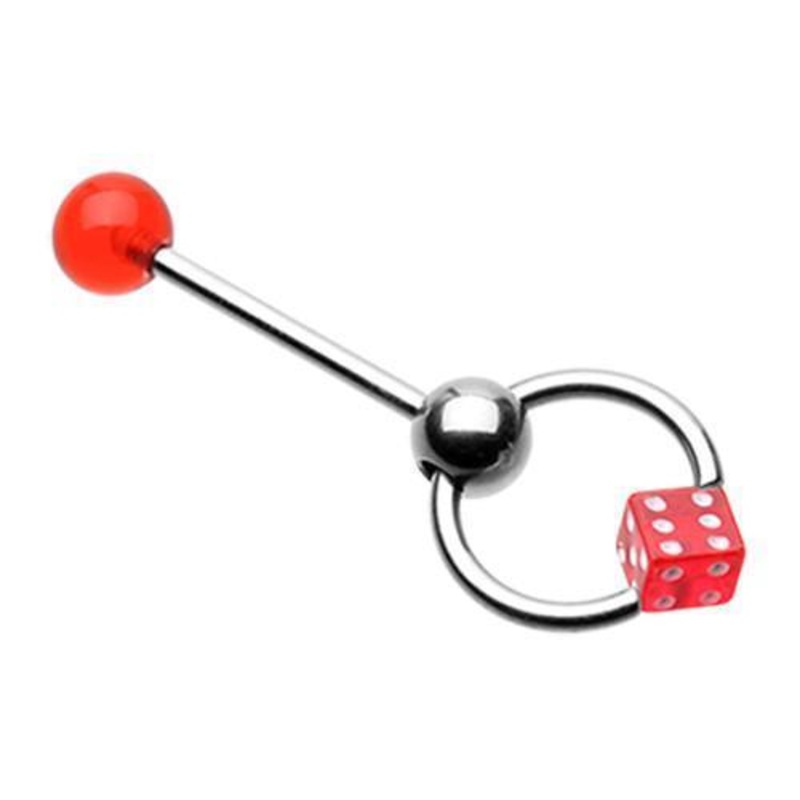Red Dice Top UV Acrylic Slave Tongue Barbell Ring 14G (1.6mm) Length: 5/8″ (16mm)