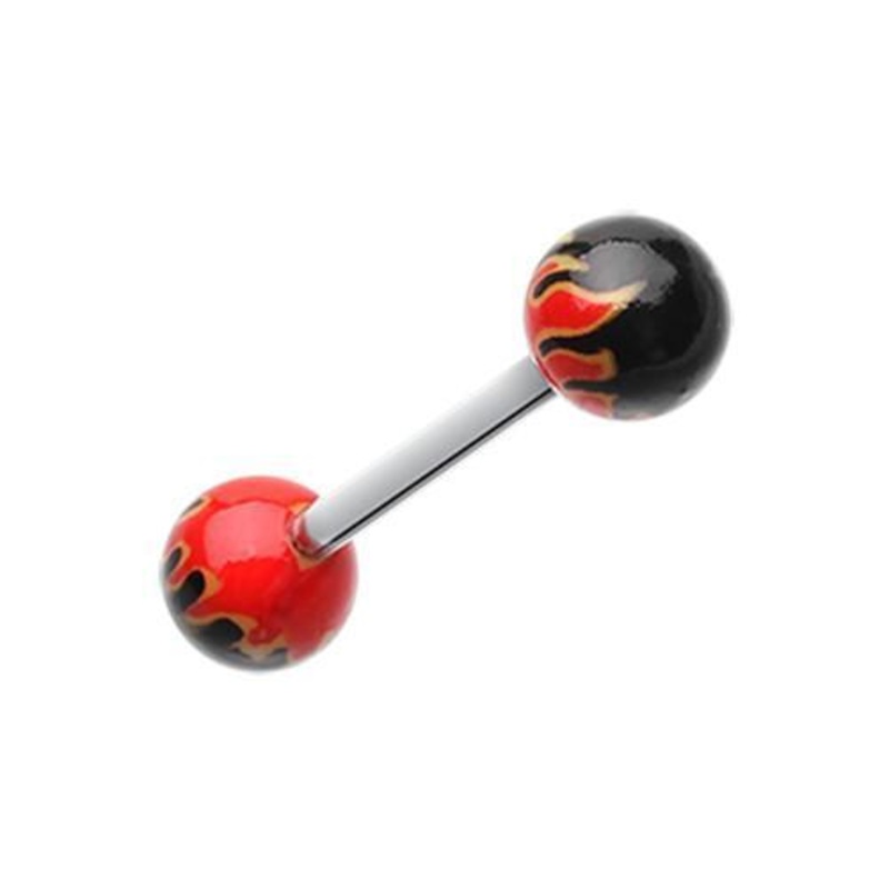 Red Flame Ball Acrylic Top Barbell Tongue Ring 14G (1.6mm) Length: 5/8″ (16mm) | Ball-Size: 1/4″ (6mm)