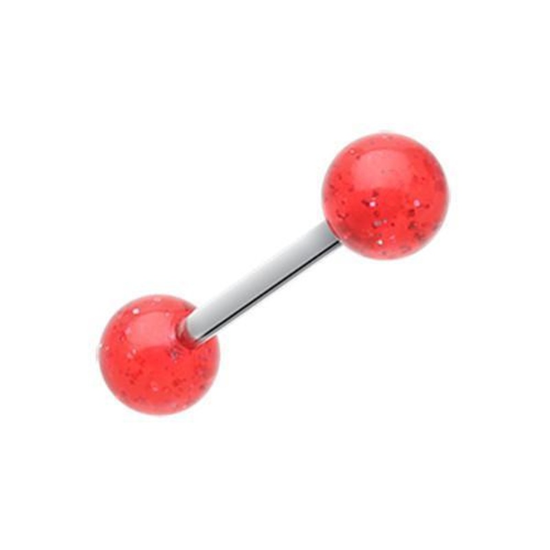 Red Glitter Ball UV Acrylic Barbell Tongue Ring 14G (1.6mm) Length: 5/8″ (16mm) | Ball-Size: 1/4″ (6mm)