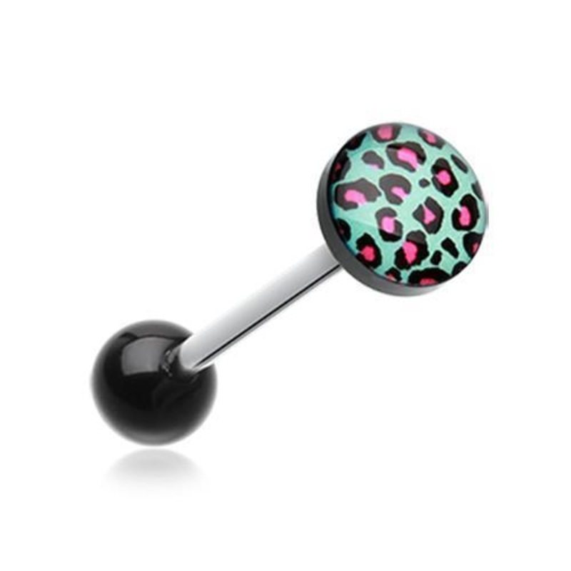 Retro Leopard Acrylic Barbell Tongue Ring 14G (1.6mm) Length: 5/8″ (16mm) | Ball-Size: 5/16″ (8mm)