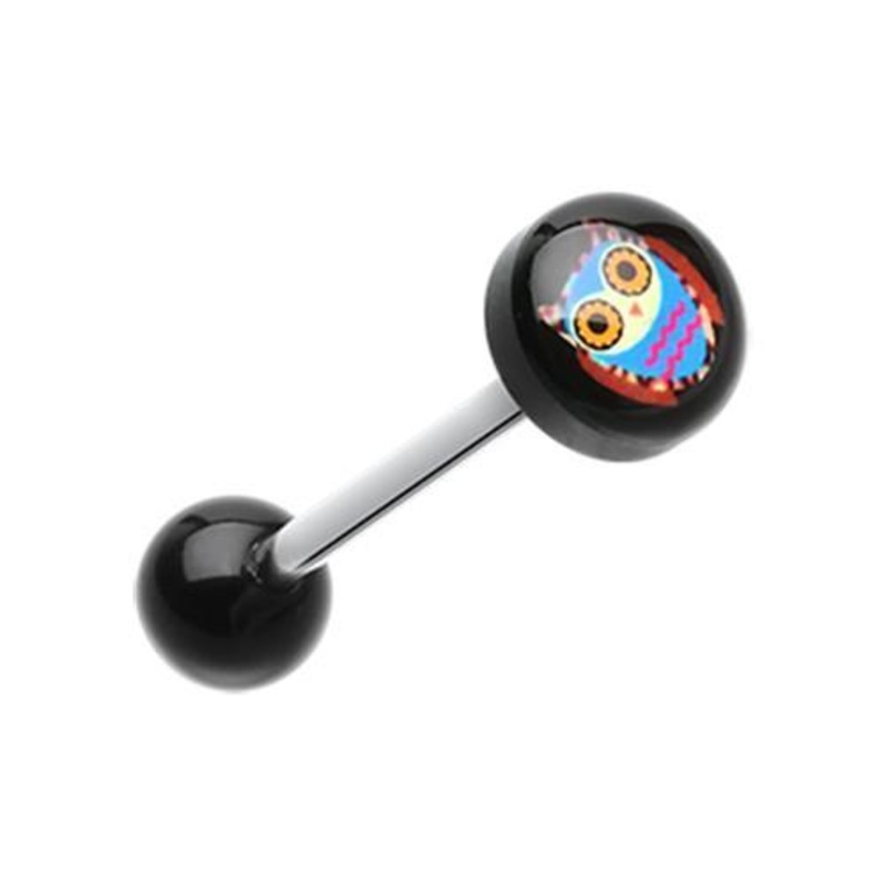 Retro Owl Logo Acrylic Barbell Tongue Ring 14G (1.6mm) Length: 5/8″ (16mm) | Ball-Size: 5/16″ (8mm)