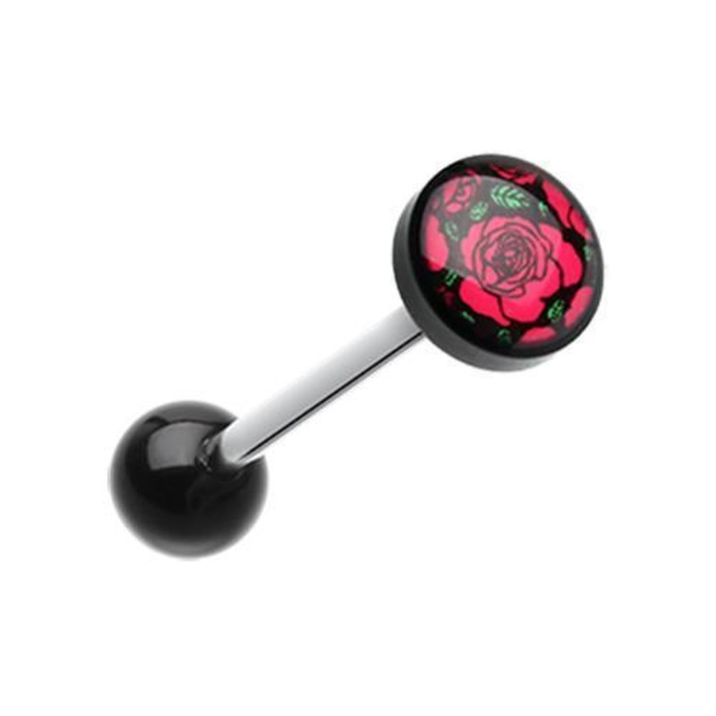Romantic Red Rose Logo Acrylic Barbell Tongue Ring 14G (1.6mm) Length: 5/8″ (16mm) | Ball-Size: 5/16″ (8mm)