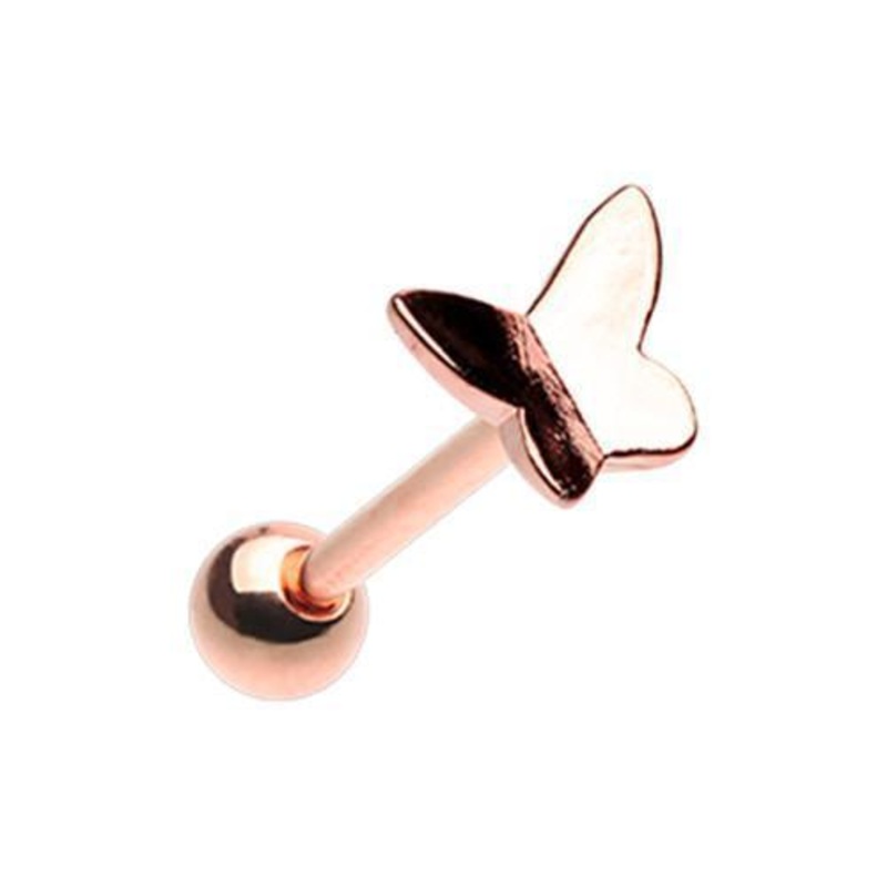 Rose Gold Dainty Flying Butterfly Barbell Tongue Ring 14G (1.6mm) Length: 5/8″ (16mm)