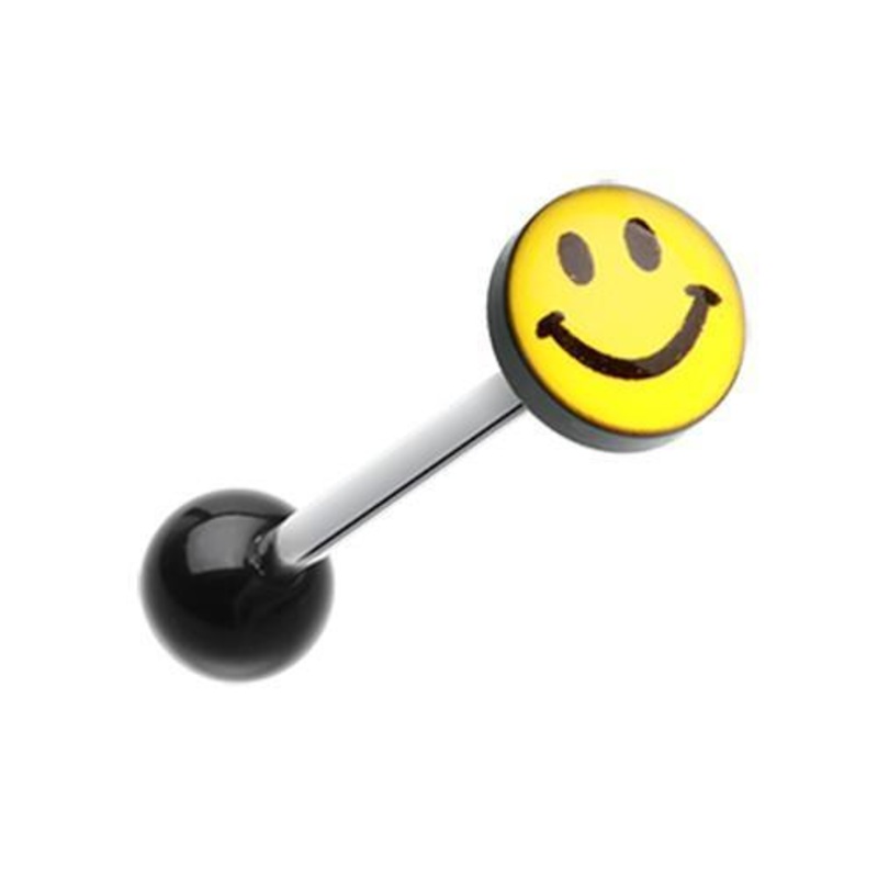 Smiley Face Logo Acrylic Barbell Tongue Ring 14G (1.6mm) Length: 5/8″ (16mm) | Ball-Size: 5/16″ (8mm)