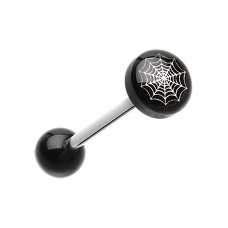 Spider Web Logo Acrylic Barbell Tongue Ring 14G (1.6mm) Length: 5/8″ (16mm) | Ball-Size: 5/16″ (8mm)