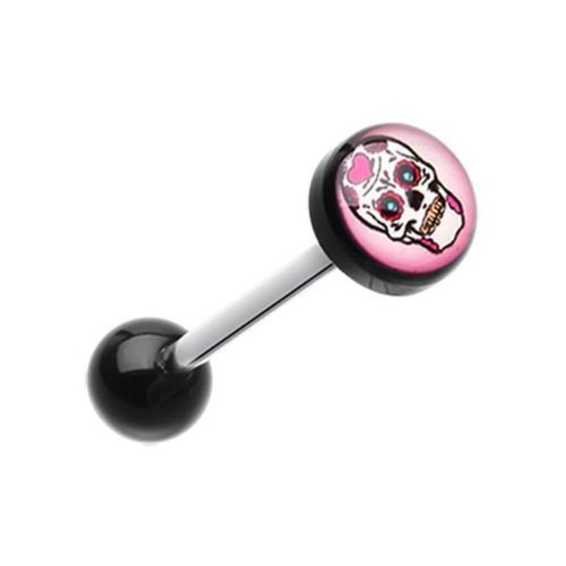 Sugar Skull Logo Acrylic Barbell Tongue Ring 14G (1.6mm) Length: 5/8″ (16mm) | Ball-Size: 5/16″ (8mm)