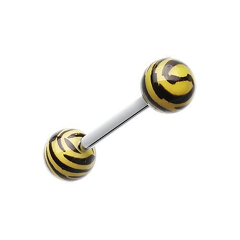 Yellow/Black Tiger Print Acrylic Top Barbell Tongue Ring 14G (1.6mm) Length: 5/8″ (16mm) | Ball-Size: 1/4″ (6mm)