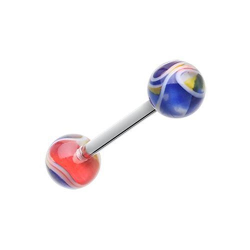 Yellow/Blue Marble Swirl Acrylic Top Barbell Tongue Ring 14G (1.6mm) Length: 5/8″ (16mm) | Ball-Size: 1/4″ (6mm)