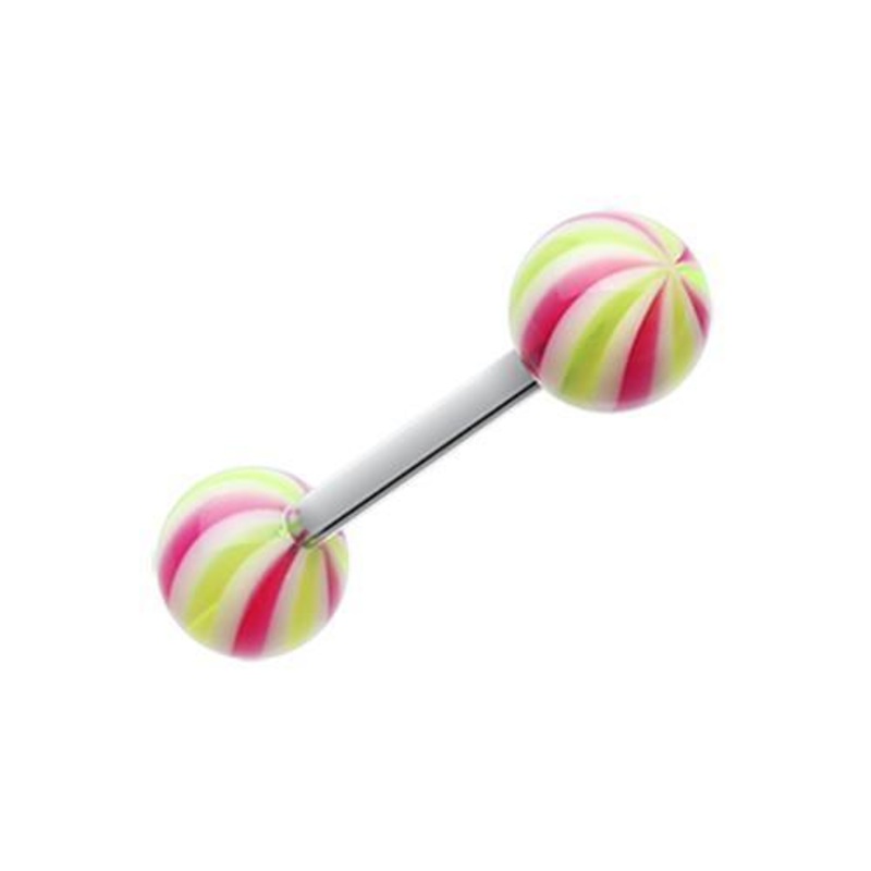 Yellow/Purple Candy Swirl Acrylic Top Barbell Tongue Ring 14G (1.6mm) Length: 5/8″ (16mm) | Ball-Size: 1/4″ (6mm)