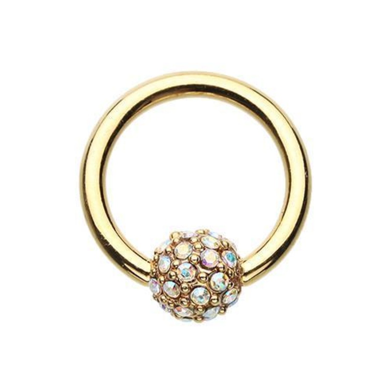 Aurora Borealis Golden Full Dome Pave Captive Bead Ring 14G (1.6mm) Inner Diameter: 3/8″ (10mm) | Ball-Size: 3/16″ (5mm)