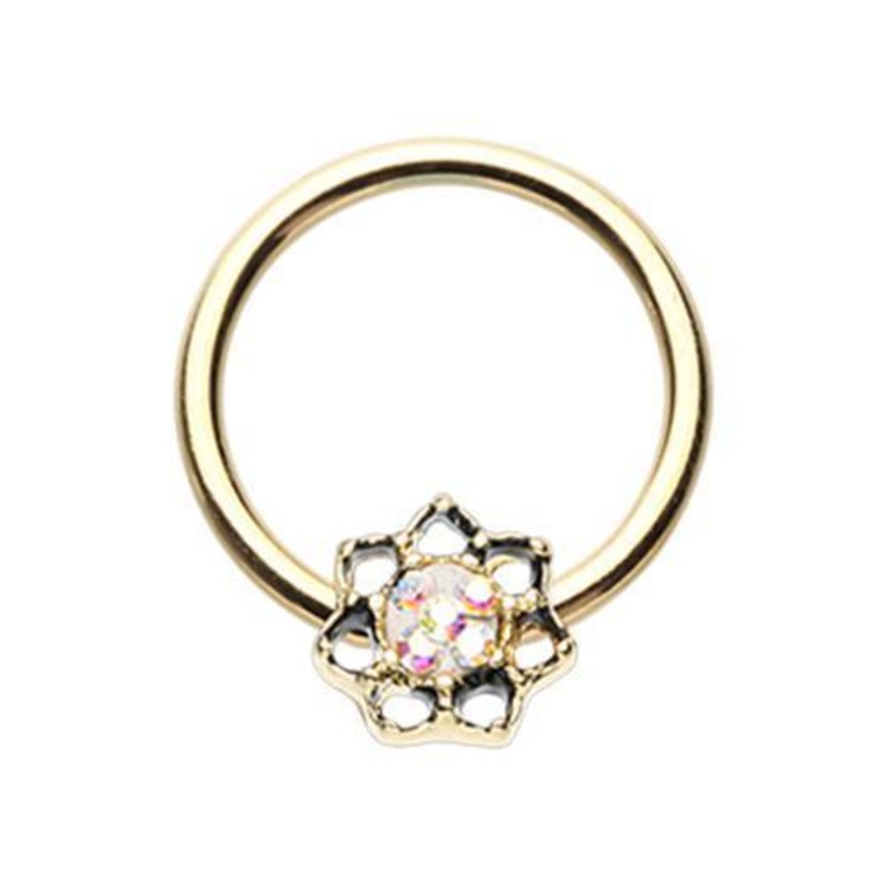 Aurora Borealis Golden Lotus Sprinkle Dot Filigree Captive Bead Ring 16G (1.2mm) Inner Diameter: 3/8″ (10mm)