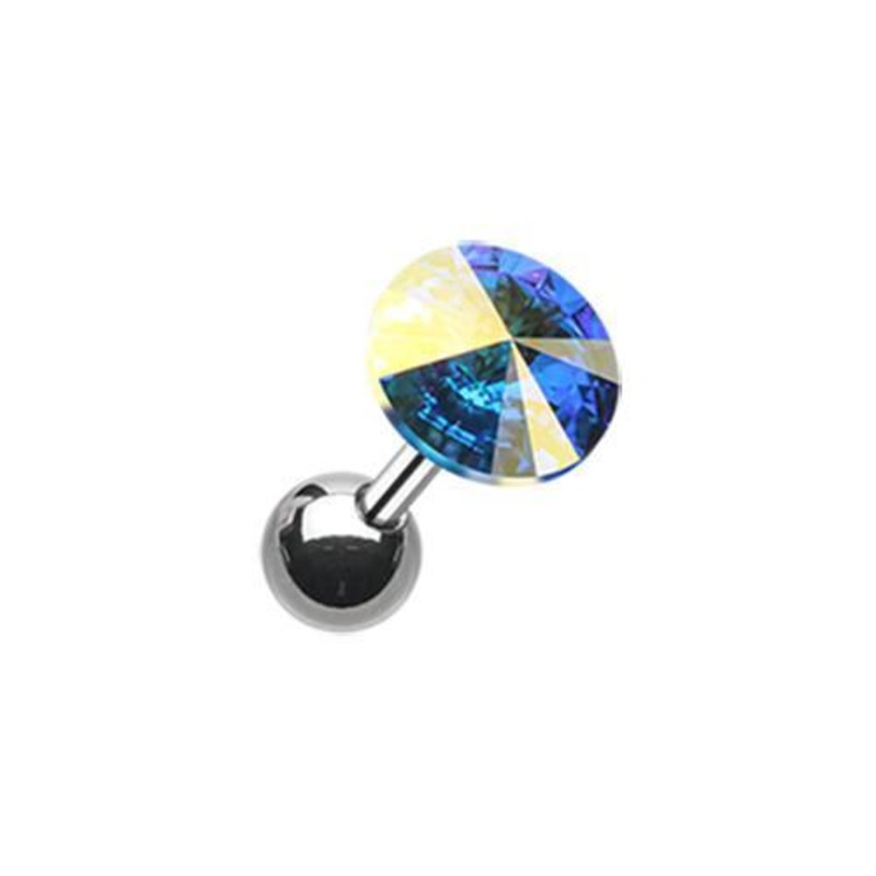Aurora Borealis Pointy Faceted Crystal Tragus Cartilage Barbell Earring – 1 Piece 18G (1mm) Length: 1/4″ (6mm) | Ball-Size: 1/4″ (6mm)