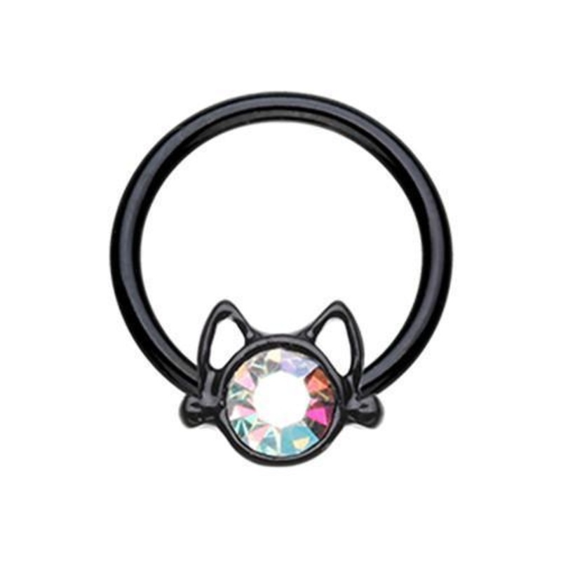 Black/Aurora Borealis Black Kitty Cat Captive Bead Ring 16G (1.2mm) Inner Diameter: 3/8″ (10mm)