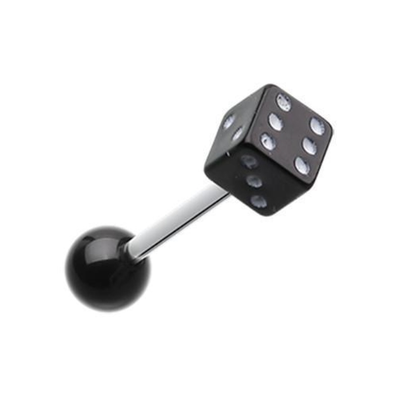 Black Dice Acrylic Top Barbell Tongue Ring 14G (1.6mm) Length: 5/8″ (16mm)