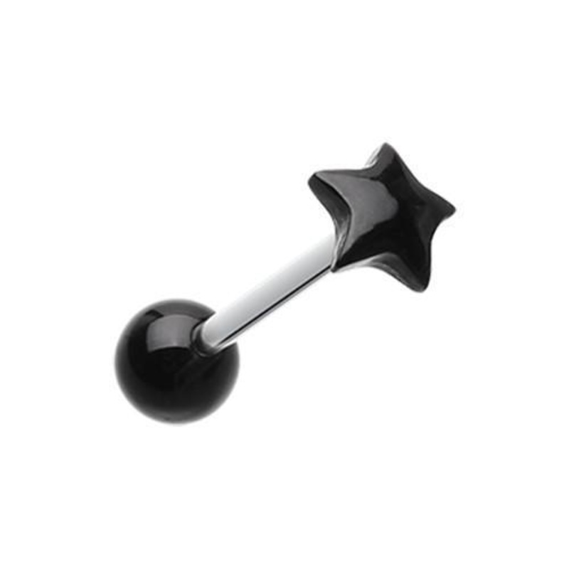 Black Fluffy Star Acrylic Top Barbell Tongue Ring 14G (1.6mm) Length: 5/8″ (16mm)