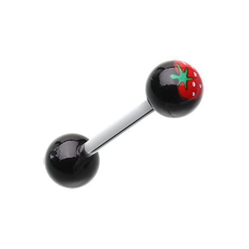 Black Strawberry Acrylic Top Barbell Tongue Ring 14G (1.6mm) Length: 5/8″ (16mm) | Ball-Size: 1/4″ (6mm)