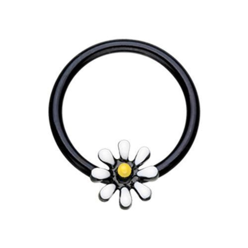 Black/White/Yellow Black Daisy Flower Captive Bead Ring 16G (1.2mm) Inner Diameter: 3/8″ (10mm)