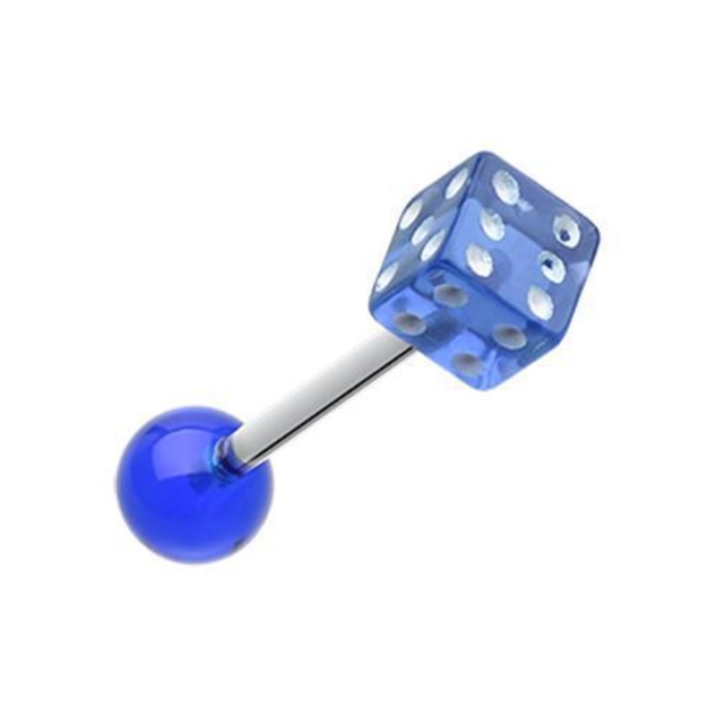 Blue Dice Acrylic Top Barbell Tongue Ring 14G (1.6mm) Length: 5/8″ (16mm)