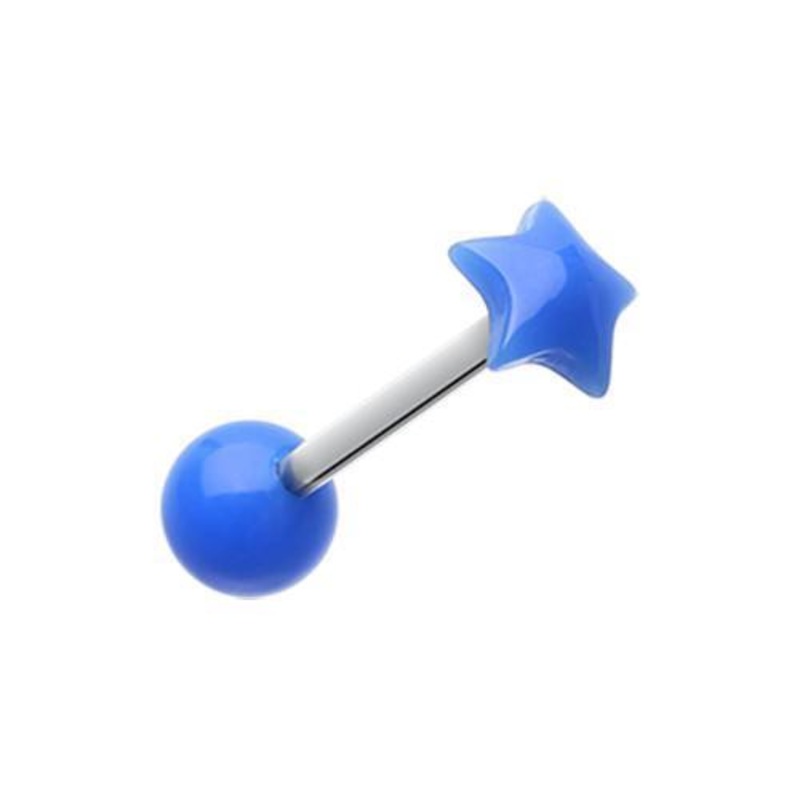 Blue Fluffy Star Acrylic Top Barbell Tongue Ring 14G (1.6mm) Length: 5/8″ (16mm)