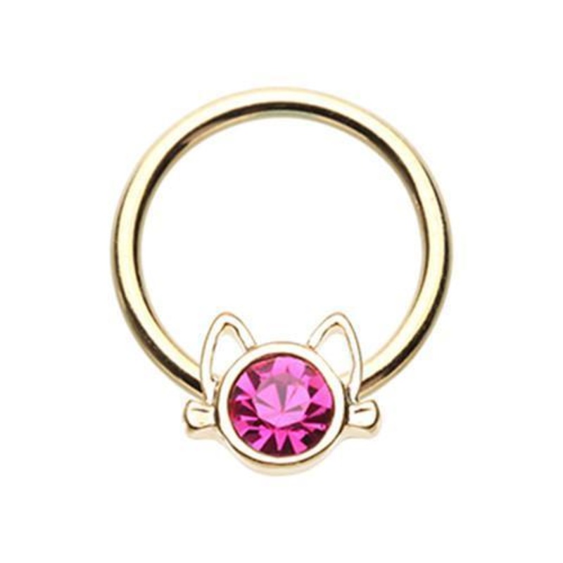 Fuchsia Golden Kitty Cat Head Captive Bead Ring 16G (1.2mm) Inner Diameter: 3/8″ (10mm)