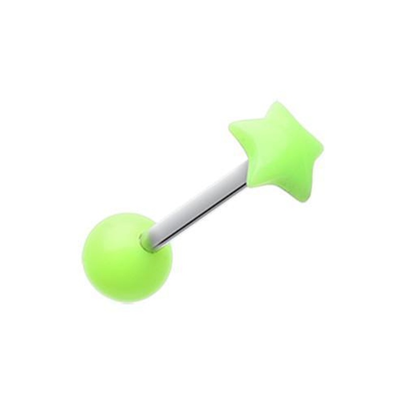 Green Fluffy Star Acrylic Top Barbell Tongue Ring 14G (1.6mm) Length: 5/8″ (16mm)