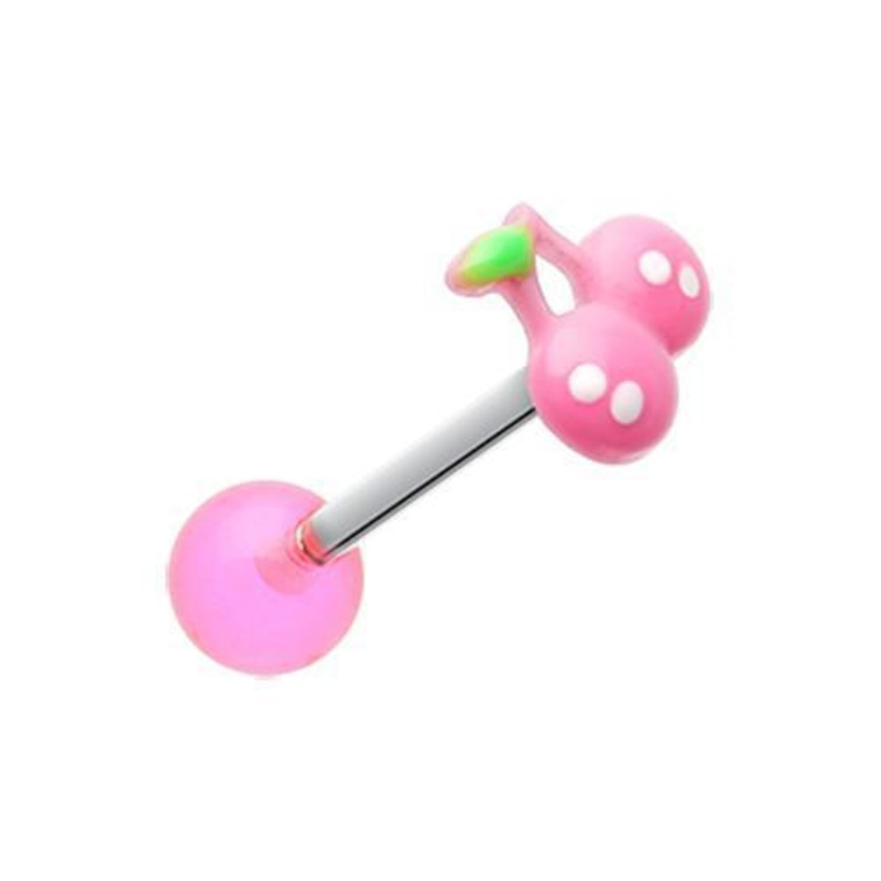 Pink Adorable Cherry Acrylic Top Barbell Tongue Ring 14G (1.6mm) Length: 5/8″ (16mm)