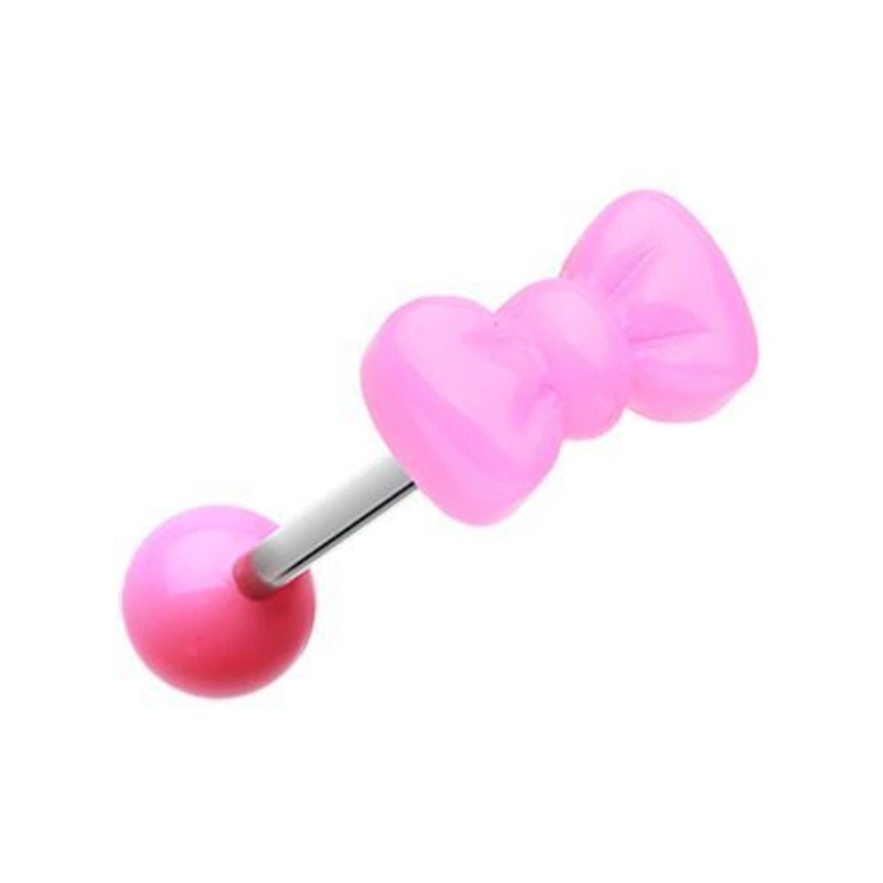 Pink Cutesy Bow-Tie Acrylic Barbell Tongue Ring 14G (1.6mm) Length: 5/8″ (16mm)