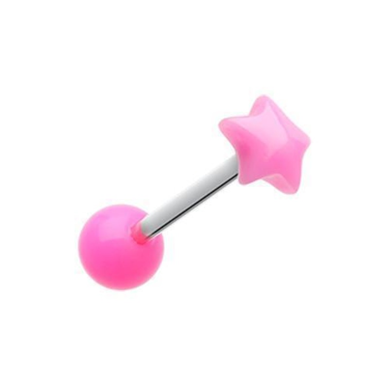 Pink Fluffy Star Acrylic Top Barbell Tongue Ring 14G (1.6mm) Length: 5/8″ (16mm)