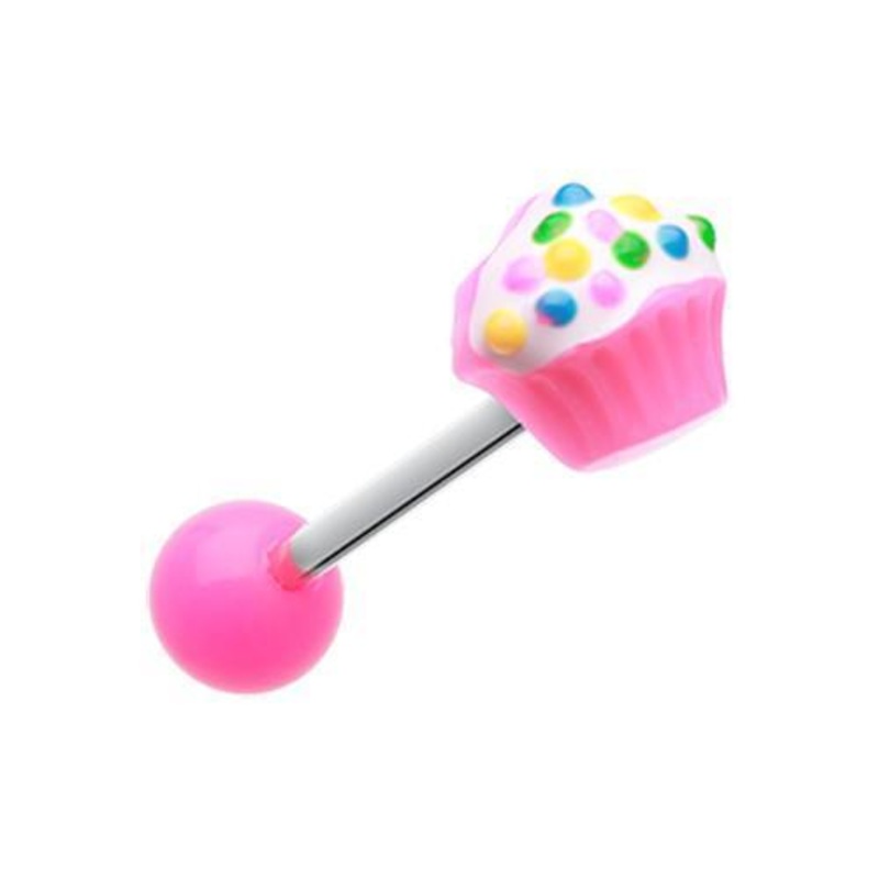 Pink Sweet Cupcake Acrylic Barbell Tongue Ring 14G (1.6mm) Length: 5/8″ (16mm)