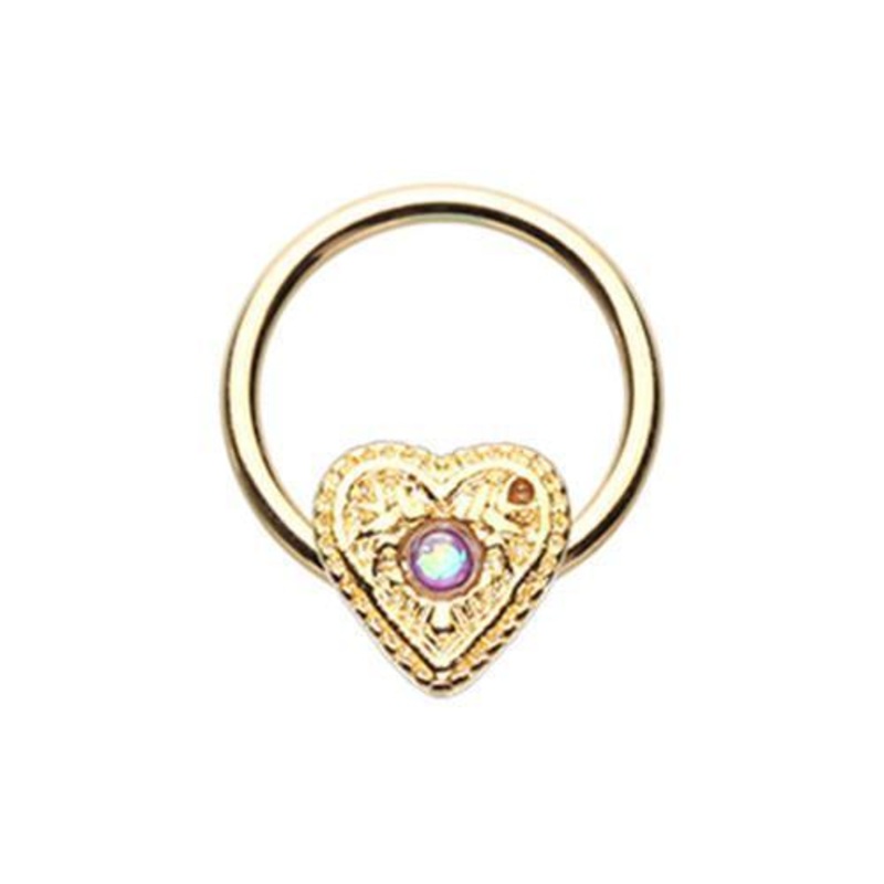 Purple Golden Ornate Opal Heart Captive Bead Ring 16G (1.2mm) Inner Diameter: 3/8″ (10mm)