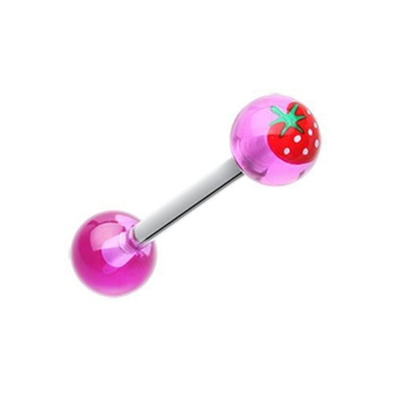 Purple Strawberry Acrylic Top Barbell Tongue Ring 14G (1.6mm) Length: 5/8″ (16mm) | Ball-Size: 1/4″ (6mm)