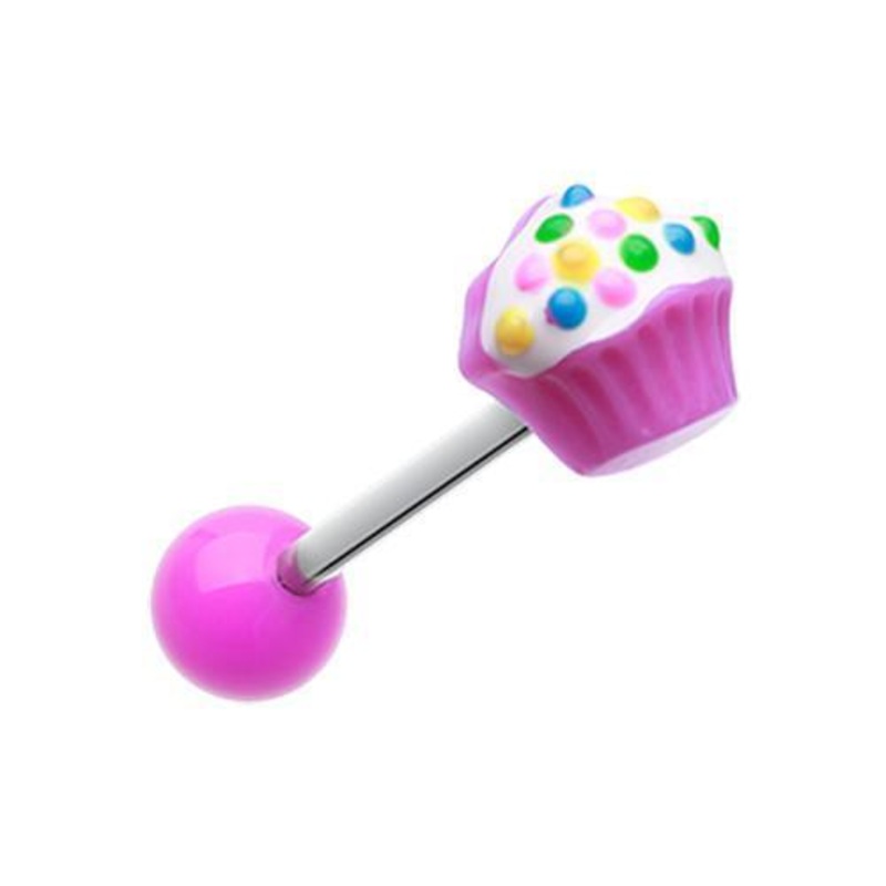 Purple Sweet Cupcake Acrylic Barbell Tongue Ring 14G (1.6mm) Length: 5/8″ (16mm)