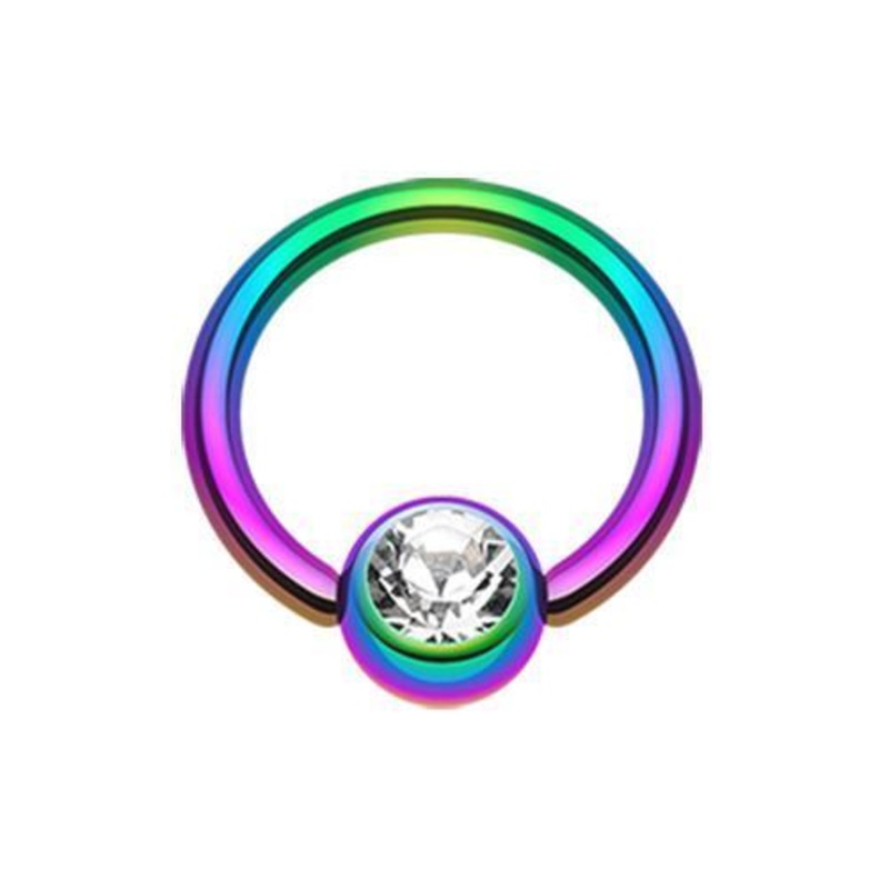 Rainbow/Clear Gem Ball Captive Bead Ring 14G (1.6mm) Inner Diameter: 1/2″ (12.7mm) | Ball-Size: 1/4″ (6mm)