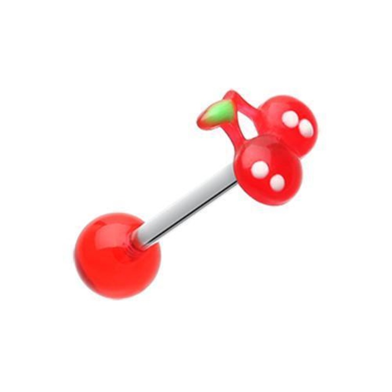 Red Adorable Cherry Acrylic Top Barbell Tongue Ring 14G (1.6mm) Length: 5/8″ (16mm)
