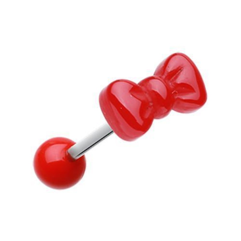 Red Cutesy Bow-Tie Acrylic Barbell Tongue Ring 14G (1.6mm) Length: 5/8″ (16mm)