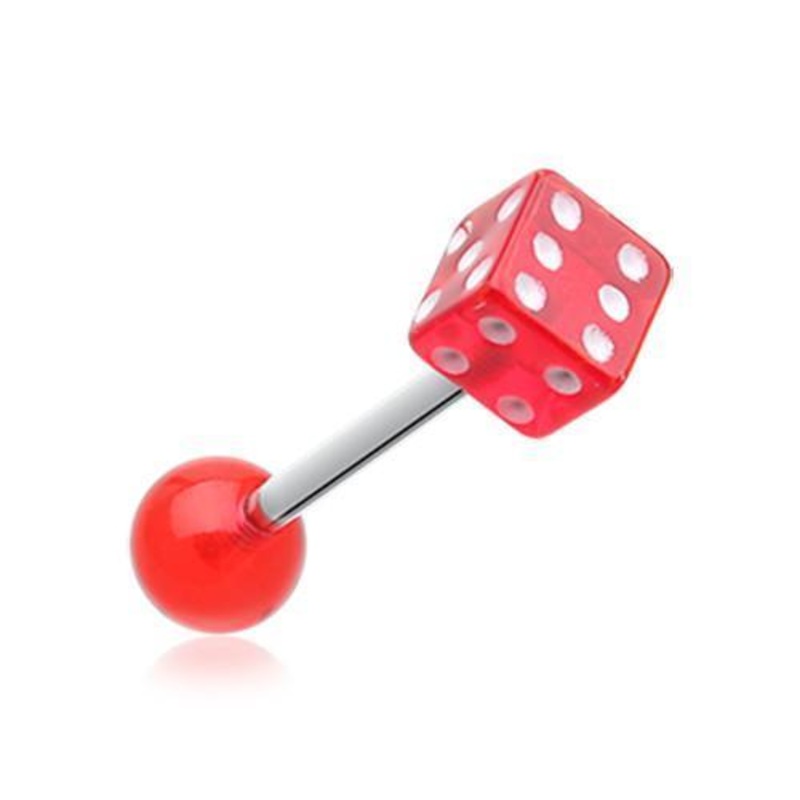 Red Dice Acrylic Top Barbell Tongue Ring 14G (1.6mm) Length: 5/8″ (16mm)