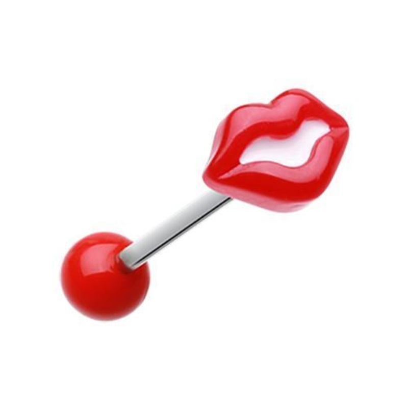 Red Sexy Lips Acrylic Barbell Tongue Ring 14G (1.6mm) Length: 5/8″ (16mm)