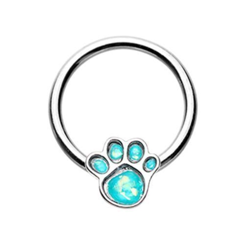 Teal Animal Lover Paw Print Glitter Opal Captive Bead Ring 16G (1.2mm) Inner Diameter: 3/8″ (10mm)
