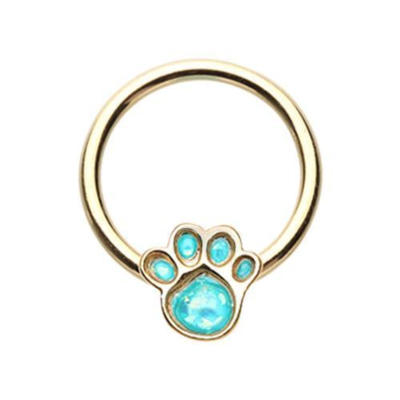 Teal Golden Animal Lover Paw Print Glitter Opal Captive Bead Ring 16G (1.2mm) Inner Diameter: 3/8″ (10mm)